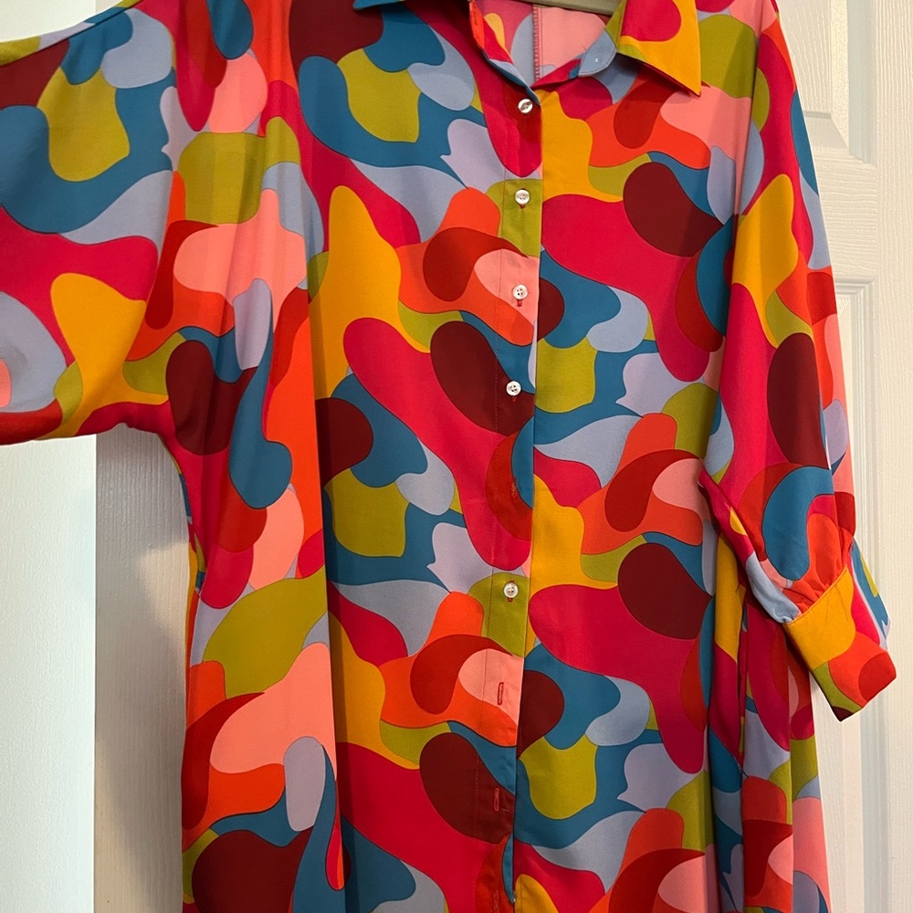 Colorful Abstract Women's Dress with Dolman sleeves.
